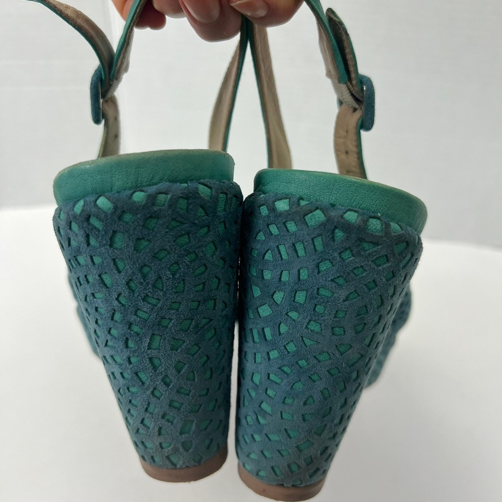 Audley London Teal Green Suede Laser Cut Wedge Sandals 9 Peep Toe Slingback Boho - Picture 8 of 12